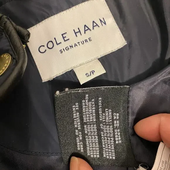 Cole Haan Signature NavyBlue Leather Trim quilted belted Coat Jacket SP Zip Snap - Picture 6 of 13